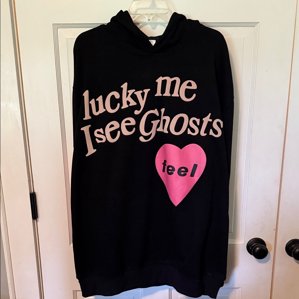 Black Hoodie with Pink and Green Graphics